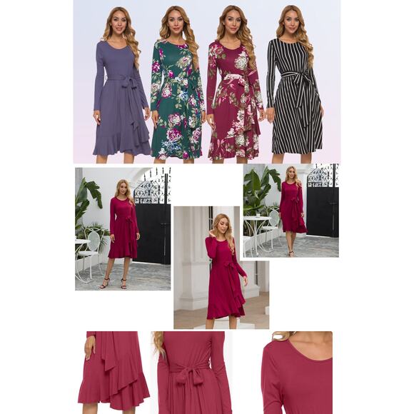 LEVACA Womens Deep Red Long Sleeve Casual Long Sleeve Midi Dress with Belt xl - Picture 6 of 6